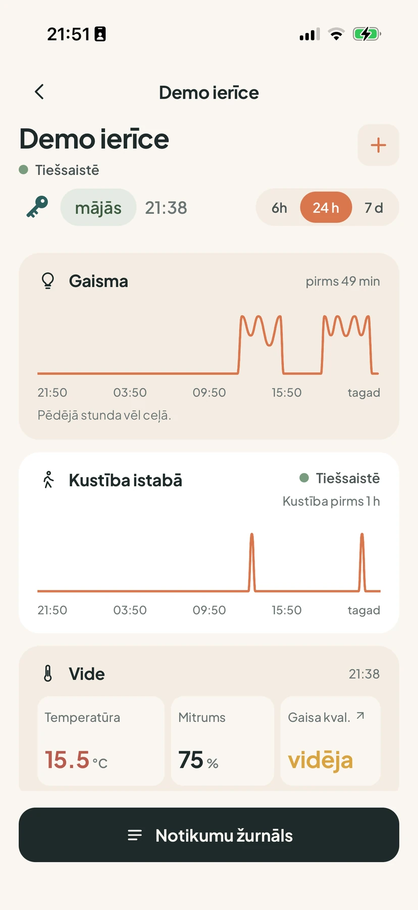 TouchSeen lietotnes ekrāns: ierīces gaismas un kustības grafiki un istabas temperatūra, mitrums un gaisa kvalitāte